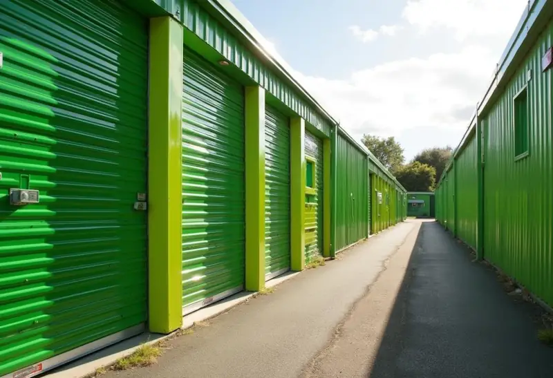 Home 1 Row of bright green self storage unit buildings with closed roll-up doors lines a paved pathway, all illuminated by the sun on a clear day.