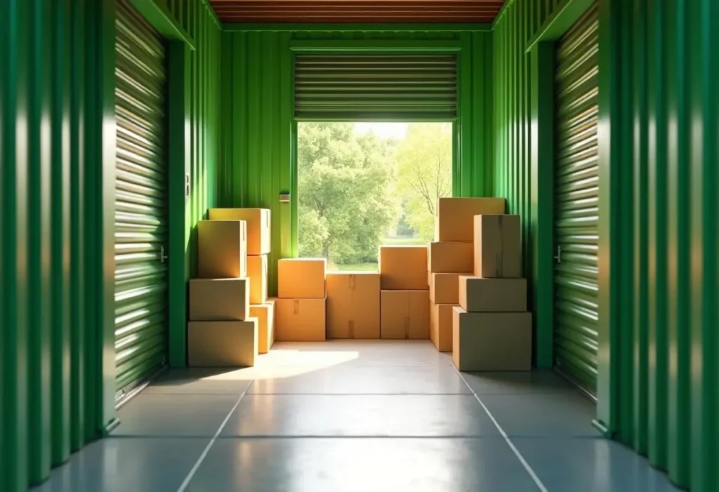 Home 10 A storage unit with green walls and an open roll-up door, filled with stacks of brown cardboard boxes on the floor, sunlight shining in—showing how choosing the right storage unit size can make organizing your belongings easier.