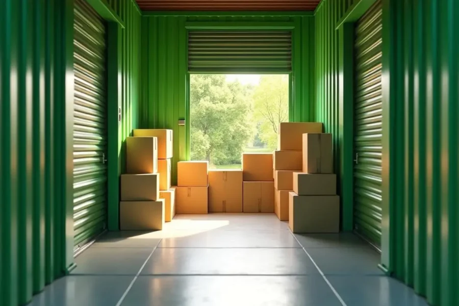 A storage unit with green walls and an open roll-up door, filled with stacks of brown cardboard boxes on the floor, sunlight shining in—showing how choosing the right storage unit size can make organizing your belongings easier.