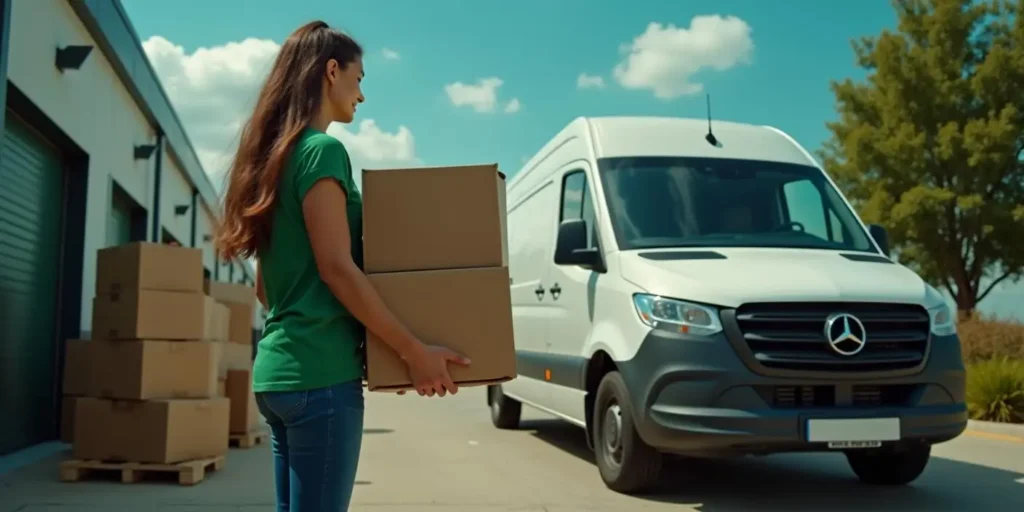 Home 3 A woman carries two cardboard boxes toward a white Mercedes-Benz delivery van parked outside a building, making use of convenient self storage access on a sunny day.