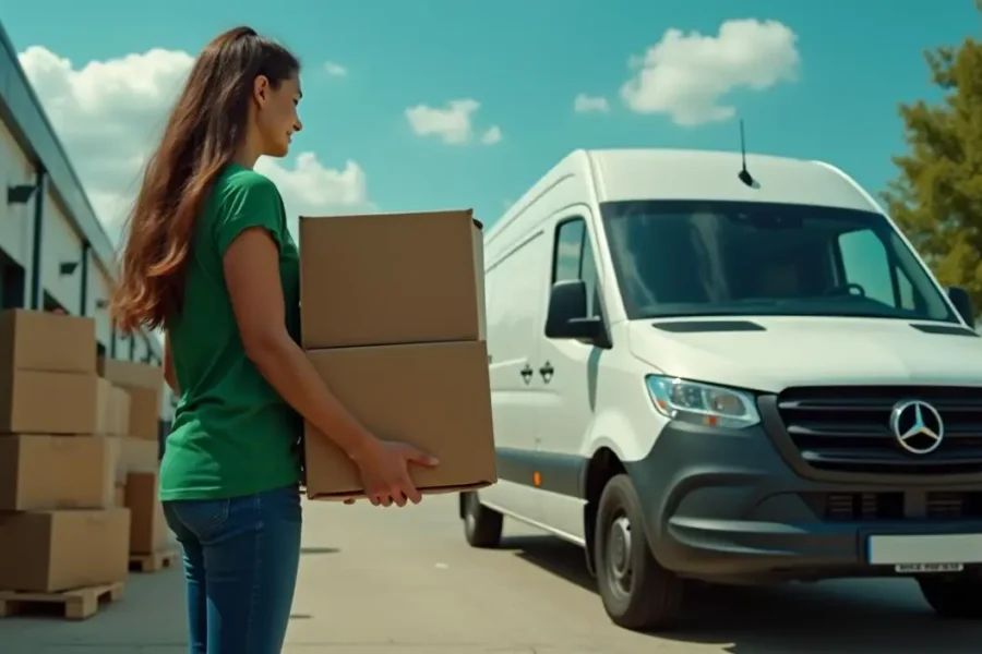 A woman carries two cardboard boxes toward a white Mercedes-Benz delivery van parked outside a building, making use of convenient self storage access on a sunny day.