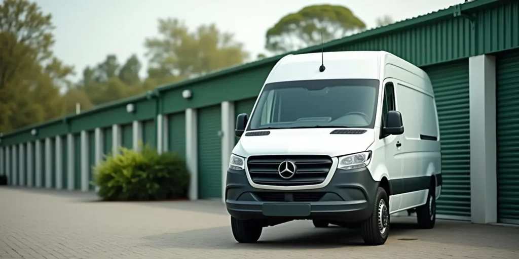 Home 2 A white Mercedes-Benz Sprinter van is parked in front of green self storage unit doors on a paved lot, perfect for loading or unloading your storage items.