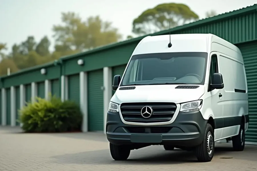 A white Mercedes-Benz Sprinter van is parked in front of green self storage unit doors on a paved lot, perfect for loading or unloading your storage items.