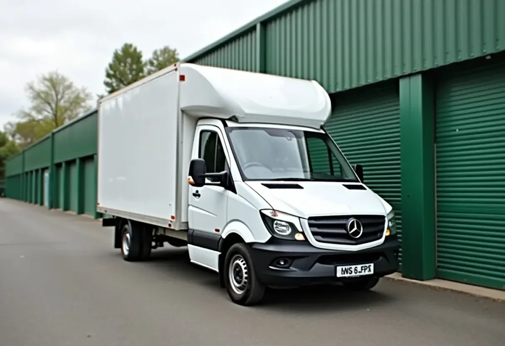 Home 8 A white box truck with a Mercedes-Benz logo, part of a professional Man and Van Service, is parked beside a row of green storage units on a paved roadway.