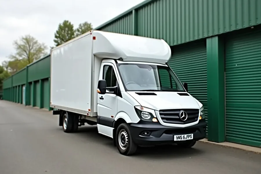 A white box truck with a Mercedes-Benz logo, part of a professional Man and Van Service, is parked beside a row of green storage units on a paved roadway.