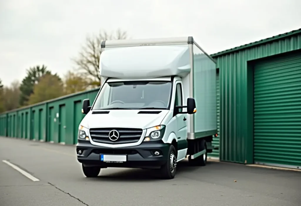 Home 6 A white Mercedes-Benz box truck, used for transporting goods, is parked in front of green storage unit doors on a paved lot.
