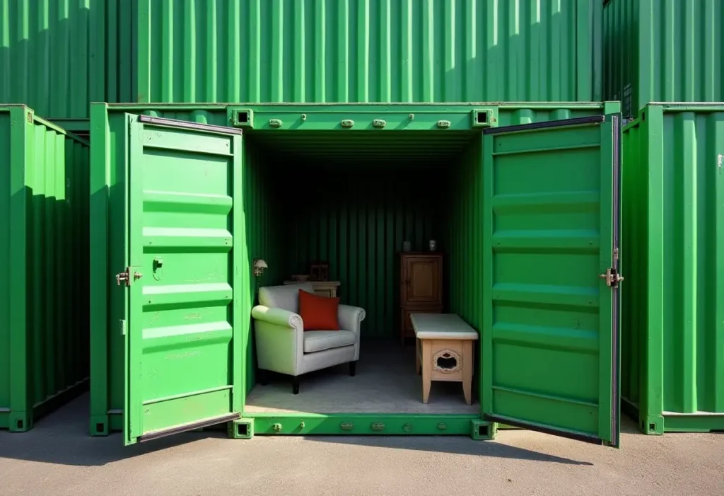 Home 5 A green self storage container with open doors reveals a furnished interior, showcasing creative storage solutions like an armchair with a pillow, a wooden side table, and a small cabinet.