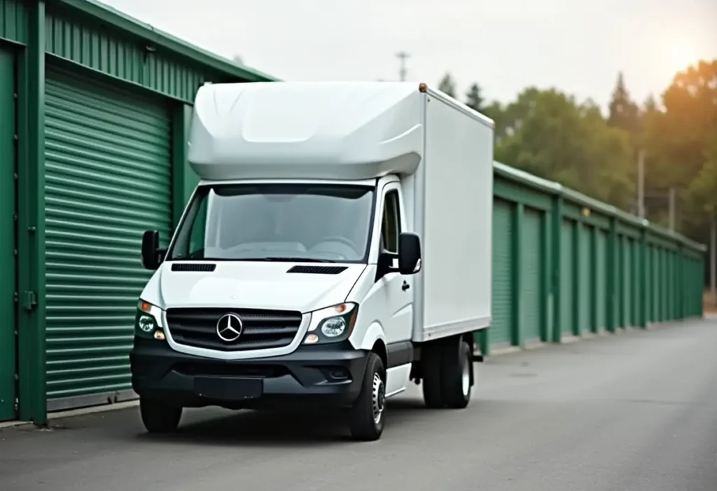 Home 7 A white Mercedes-Benz box truck, often used for moving home, is parked in front of green storage unit doors along an outdoor row at a storage facility.