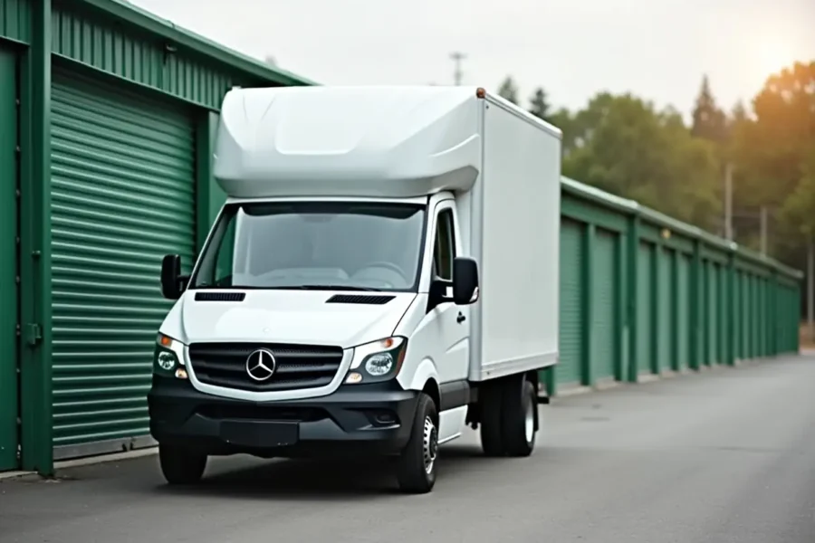 A white Mercedes-Benz box truck, often used for moving home, is parked in front of green storage unit doors along an outdoor row at a storage facility.